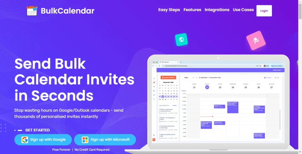 BulkCalendar dashboard showing how to send bulk meeting invites to thousands of users instantly.