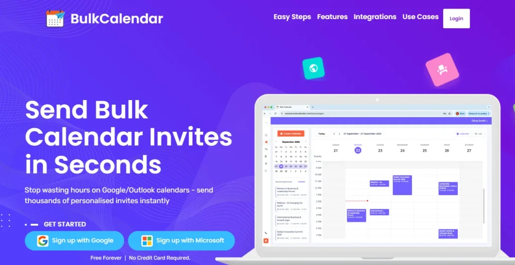 BulkCalendar dashboard showing how to send bulk meeting invites to thousands of users instantly.