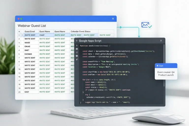 Google Apps Script reading spreadsheet data to send bulk meeting invites automatically.