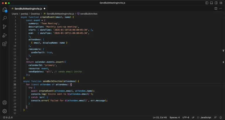 JavaScript code using Google Calendar API to programmatically send bulk meeting invites.