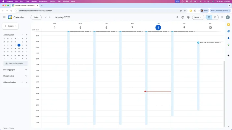 Google Calendar interface view showing scheduled demo created while sending bulk meeting invites