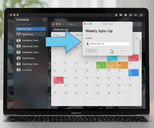 User creating a weekly sync-up event in Apple Calendar to send bulk meeting invites to a team.