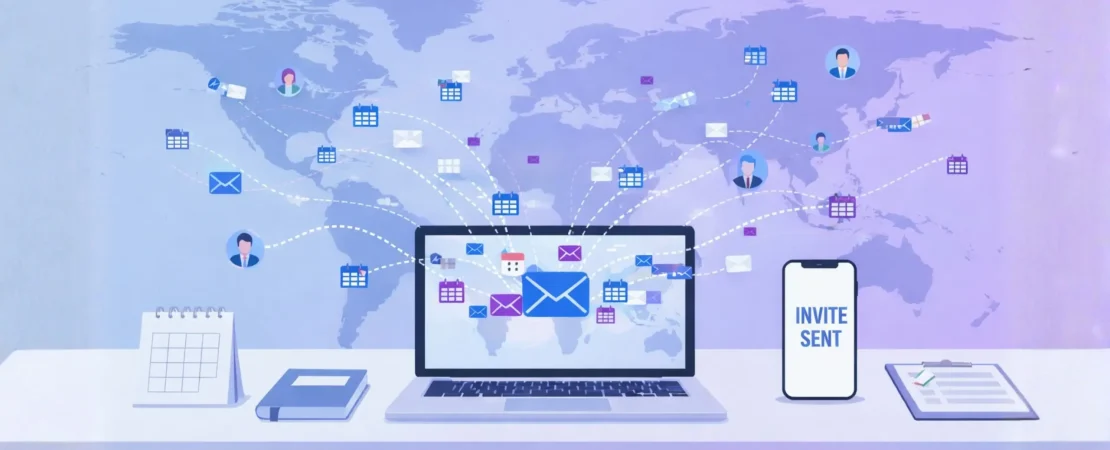Digital workspace showing automated bulk meeting invites being sent from a central calendar to multiple recipients.